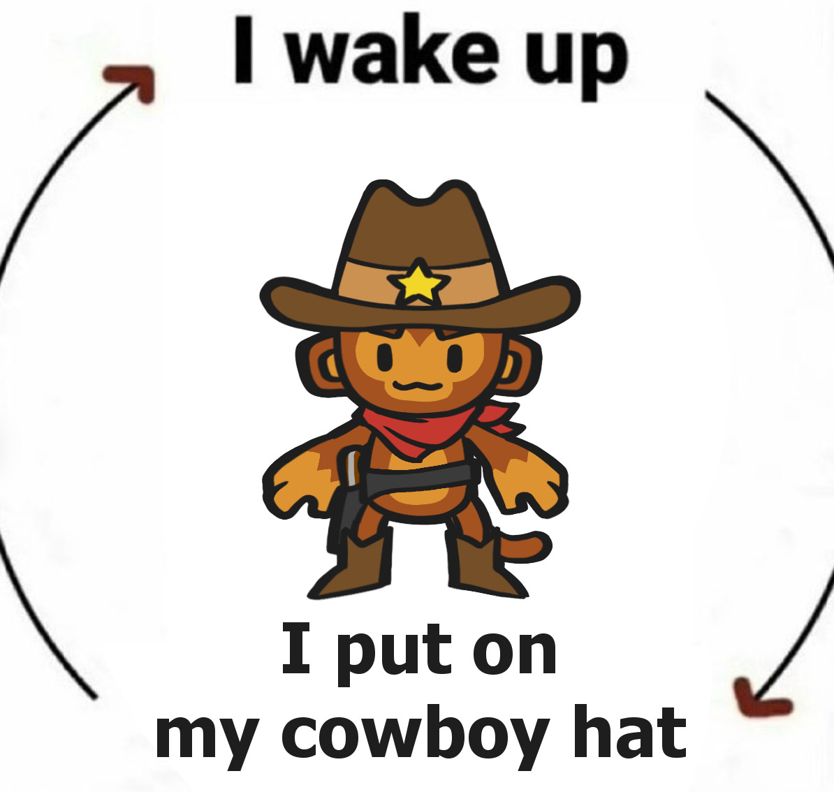 A little dart monkey dressed up as a cowboy. In an cyclical flow chart: 'I wake up' and 'I put on my cowboy hat'.